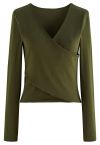 Crisscross Faux-Wrap Soft Cotton Top in Army Green