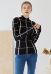 Grid Mock Neck Knit Top in Black