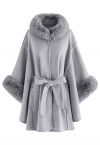 Self-Tie Bowknot Faux Fur Poncho in Grey