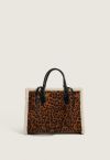 Lambswool Trim Faux Leather Tote Bag in Leopard