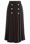 Buttoned Pleated Knit Midi Skirt in Brown