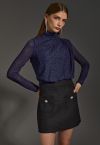 Gleam High Neck Spliced Ruched Top in Navy