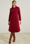 Modish Golden Button Wool-Blend Longline Coat in Red