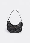 Diamond Tassel Trim Denim Spliced Baguette Bag in Black