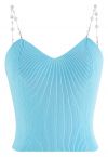 Cropped Knit Pearly Tank Top in Baby Blue