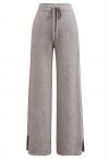 Drawstring Waist Side Slit Knit Pants in Taupe