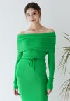 Fold Over Off-Shoulder Knit Top in Green