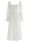 Square Neck Cloud Jacquard Midi Dress in White