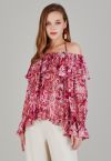 Tie Neck Ruffle Off-Shoulder Chiffon Top in Paisley Print