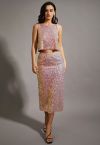 Iridescent Sequin Embellished Pencil Skirt in Pink