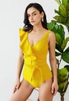 Braided Strap Ruffle Trim Swimsuit in Yellow