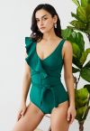 Braided Strap Ruffle Trim Swimsuit in Dark Green