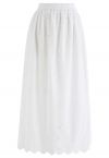 Side Slit Floret Embroidered Eyelet Maxi Skirt in White