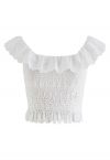 Floret Embroidered Eyelet Shirred Top in White