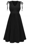 Tie-String Pleated Sleeveless Midi Dress in Black