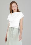 Asymmetric Boat Neck Ruched Top in White