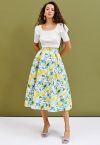 Blue Tiles Watercolor Lemon Printed Jacquard A-Line Midi Skirt