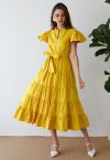 V-Neck Flutter Sleeve Ruffle Cotton Dress in Mustard