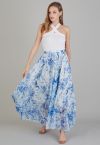 Summer Forest Printed Chiffon Maxi Skirt in Blue