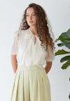 Bowknot Pearly Mesh Sleeve Spliced Satin Shirt in Cream