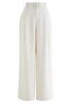 Sleek Belted Straight-Leg Pants in Ivory