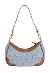 Crystal Decor Denim Spliced Baguette Bag