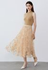 3D Posy Double-Layered Mesh Midi Skirt in Light Tan