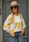 Cuteness Flowers Boxy Round Neck Knit Sweater in Cream