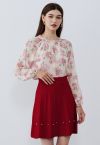 Silver Bead Embellished Seam Knit Skirt in Red