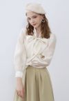 Elegant Bowknot Puff Sleeves Sheer Shirt in Cream