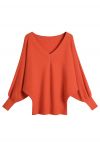 V-Neck Batwing Sleeves Pullover Knit Sweater in Orange