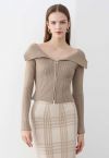 Flap Collar Zip Up Cropped Knit Top in Light Tan