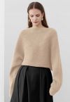 Dramatic Batwing Sleeve Ribbed Knit Sweater in Sand