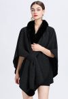 Faux Fur Collar Reversible Poncho in Black