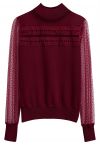 Flock Dots Mesh Spliced Knit Top in Burgundy