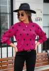 Adorable Polka Dot Mock Neck Knit Sweater in Hot Pink