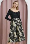 Striking Floral Jacquard Pleated Midi Skirt