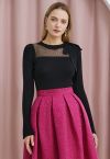 Mesh Inserted Side Bowknot Fitted Knit Top in Black