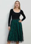 Velvet Snowflake Mesh Tulle Midi Skirt in Dark Green