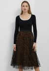 Velvet Snowflake Mesh Tulle Midi Skirt in Tan