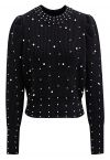 Pearl Embellished Puff Sleeve Knit Sweater in Black