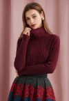 Soft Fuzzy Turtleneck Cable Knit Sweater in Burgundy