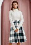 Dark Green Check Waffle Texture Pleated Midi Skirt