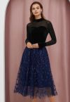 Sequin Embroidered Leaves Mesh Tulle Midi Skirt in Navy