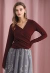 Cross V-Neck Long Sleeves Top in Burgundy