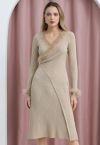 Graceful Feather Trim Surplice Neck Knit Dress in Sand