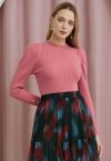 Modern Gigot Sleeves Rib Knit Top in Pink