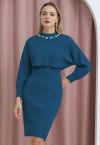 Pearl Neckline Ribbed Knit Twinset Dress in Indigo