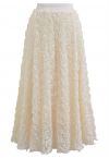 3D Rose Petal Mesh Midi Skirt in Cream