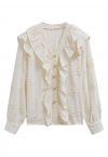 Floret Embroidery Ruffled Buttoned Top in Cream